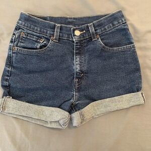 Levis 517 Shorts Womens 14 Blue Denim Cutoff Cuffed Heart Patch Stretch Casual